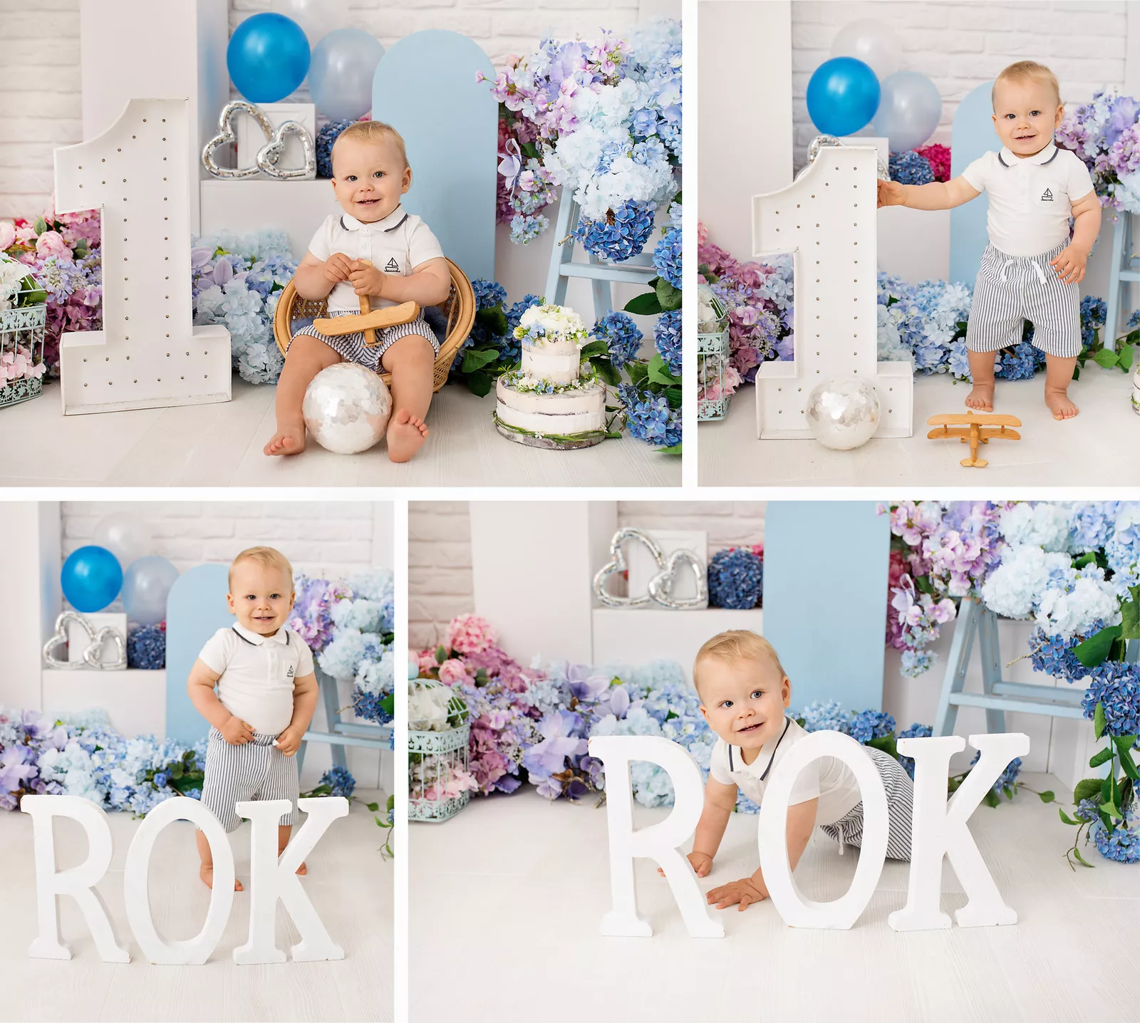 Sesja roczkowa chłopca z jedynką i tortem w studio fotograficznym w Warszawie
